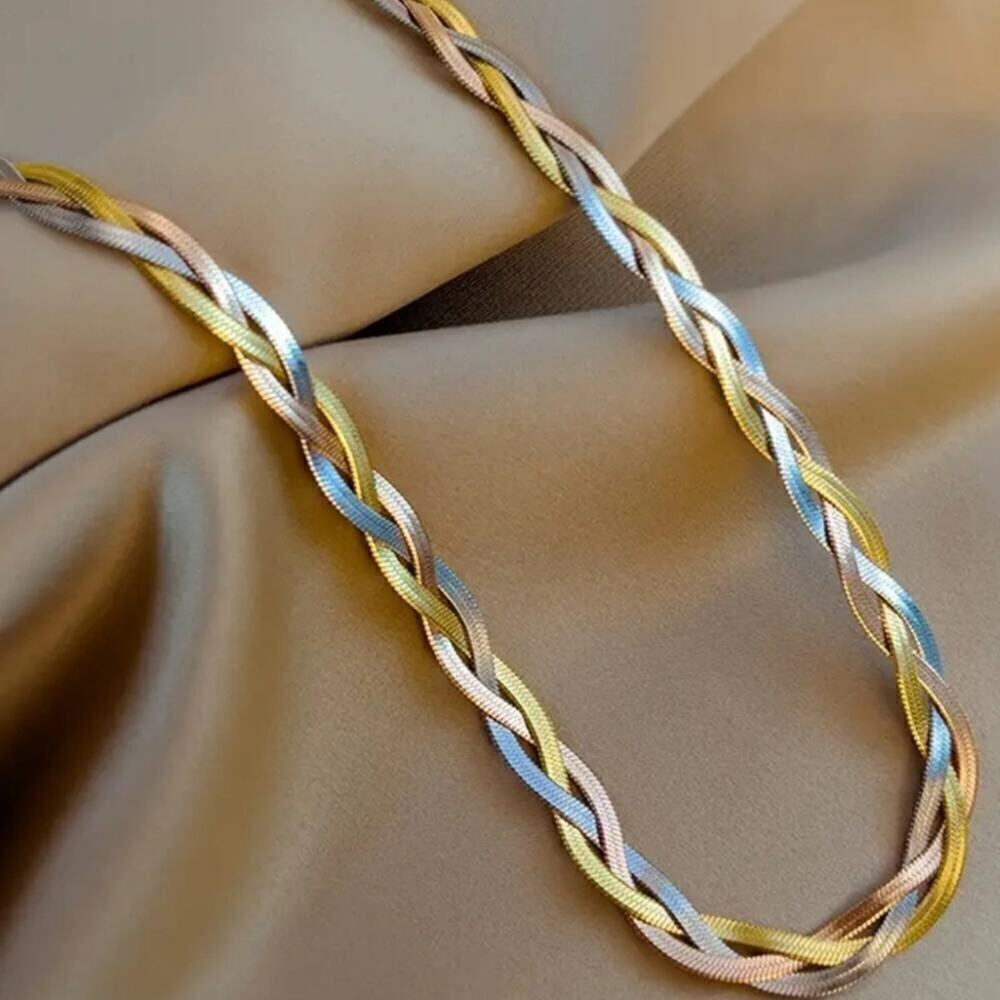 Stainless Steel Necklace Herringbone braided Tri-Colour Flat snake Chain 2 Pcs. - Picture 14 of 15